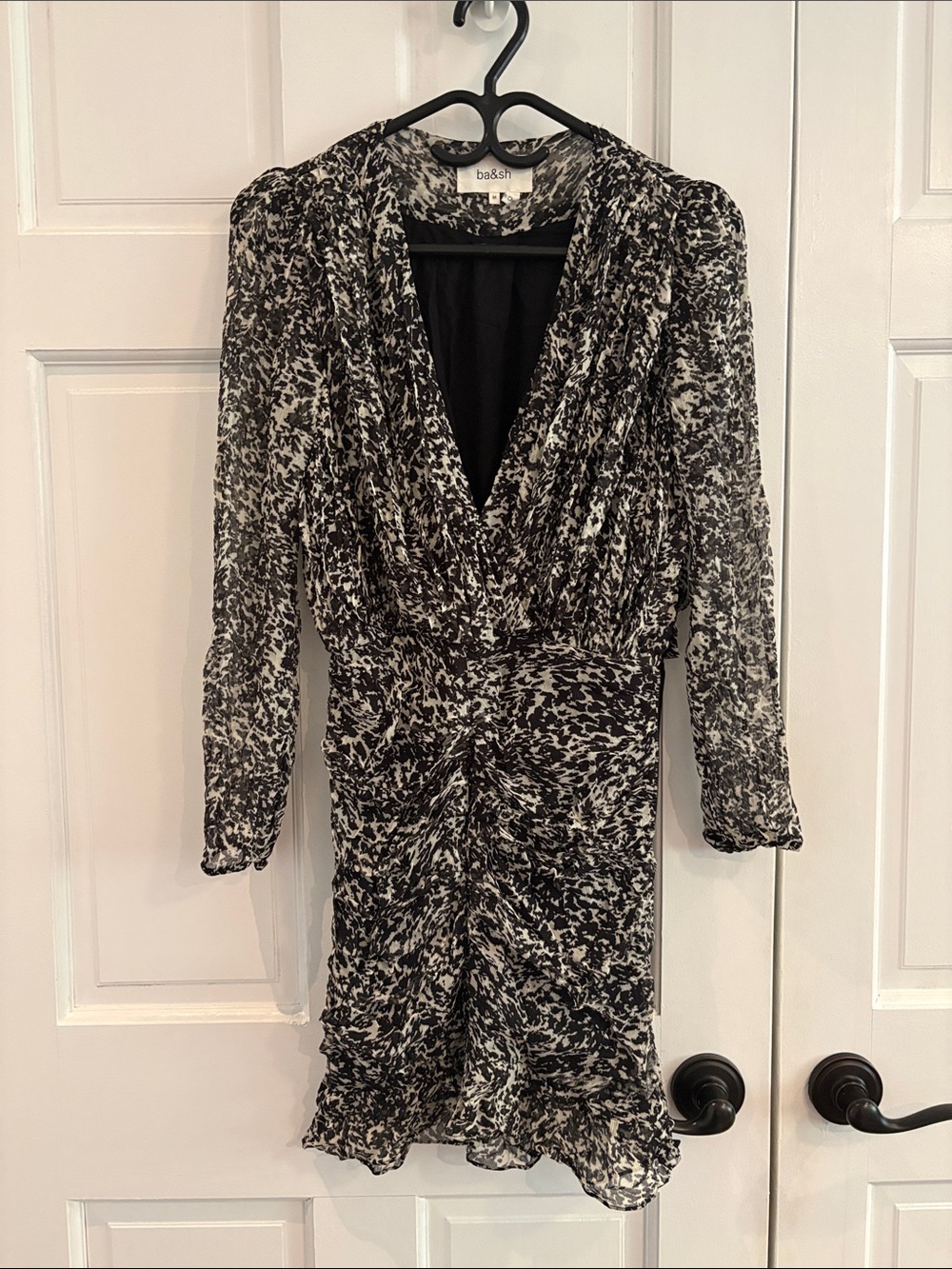 ba&sh Black and White Printed Long-Sleeve Wrap-Style Dress